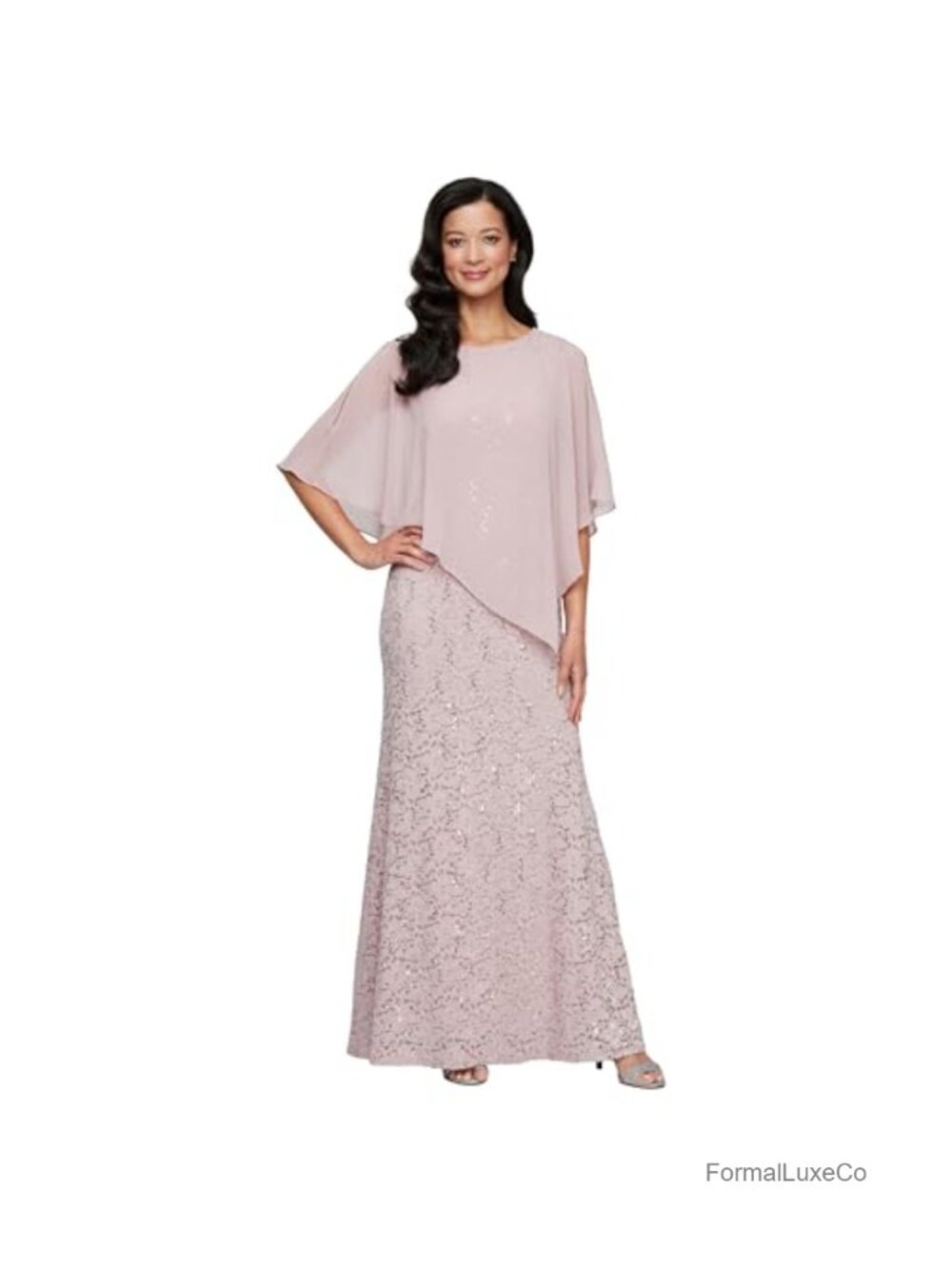 Sequin Lace Beaded Capelet Formal Evening Gown Mother of Bride Midi Dress